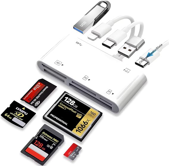 9-in-1 SD/MicroSD/CF/MS/XD Card Reader Portable Trail Camera Viewer | Plug & Play Memory Card Reader with USB OTG & PD Fast Charge, Works with Cameras/Drones, Compatible with iPhone/iPad/Android