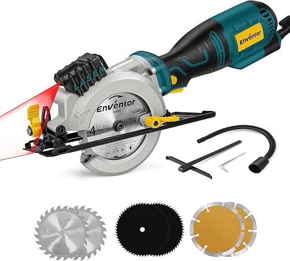 Enventor Mini Circular Saw, 5.8A 4-1/2" Electric Circular Saws with 6 Saw Blades, Laser Guide, Max Cutting Depth 1-11/16"(90), 1-1/8"(45) for Soft Metal, Wood, Tile, Drywall, Plastic Cutting