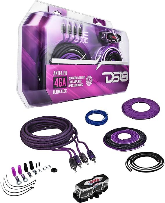 DS18 AKIT4.PU 4-GA Amplifier Installation Kit Up to 1680 Watts RMS, Mini-ANL Fuse Holder, Speaker & RCA Cables, CCA Amplifier Wiring Kit, Ultra Flex Wire, Amp Wire Kit, Amp Wiring Kit 4 Gauge - Purple