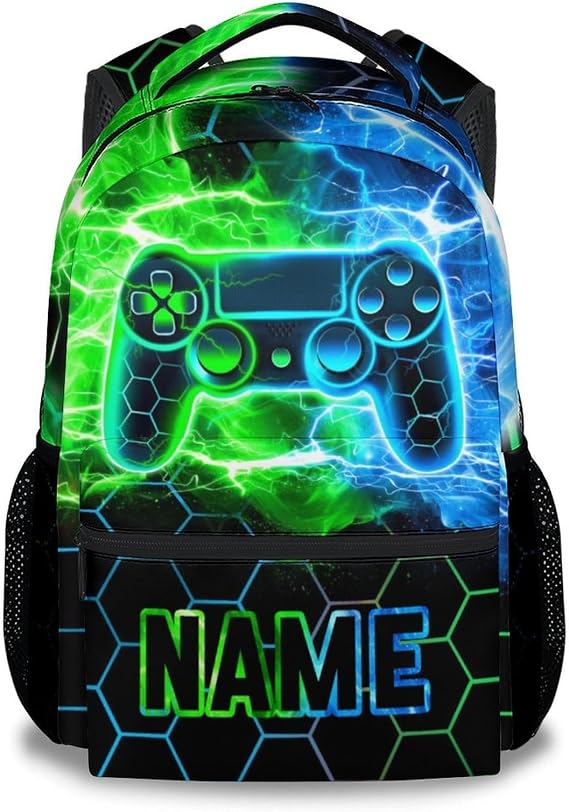 Boys Gaming Backpack with Custom Name and Game Controller Design Pattern - Large Personalised Gaming Rucksack for Kids and Teens, School Bag with Compartment Suitable for School, and Travel
