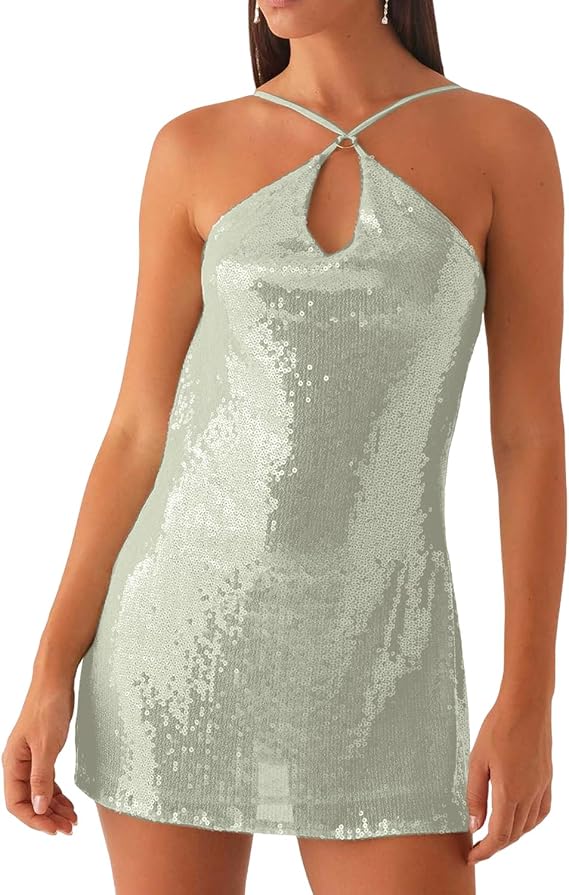 BOLLEY JOSS Sequin Mini Dress for Women Halter Keyhole Criss Cross Open Back Party Dress Backless Short Cocktail Dresses