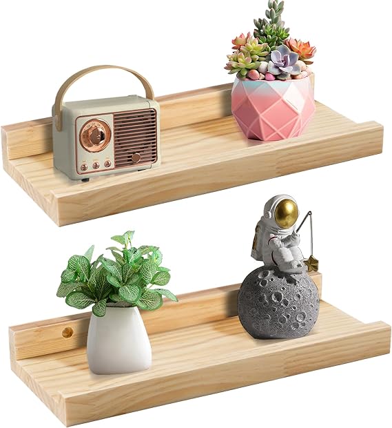 Jeffbaubl Floating Shelves, Picture Ledge Shelf, Set of 2, 11.8inch,Natural | Natural Wood Wall Shelves with Lip for Wall Decor Storage, Bedroom, Living Room, Kitchen, Nursery, Books, Photo Frames