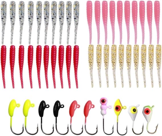 Fishing Bait 50-Piece Hook & Lure Set Mini Lead Fish Hooks Soft Baits for Ice Pre-Rigged Lead Head Hook System Fishing Gear