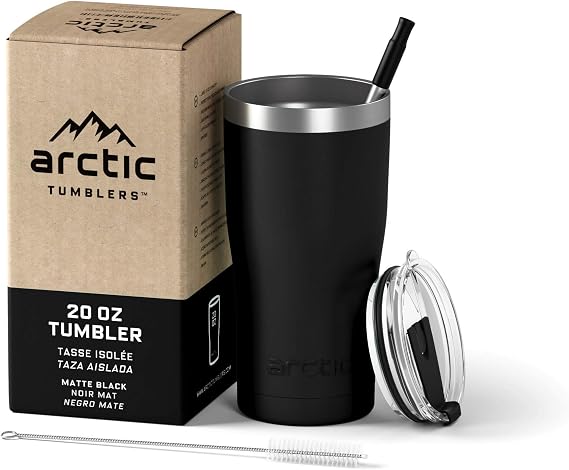 | 20 oz Matte Black Insulated Tumbler with Straw & Cleaner - Retains Temperature up to 24hrs - Non-Spill Splash Proof Lid, Double Wall Vacuum Technology, BPA Free & Built to Last