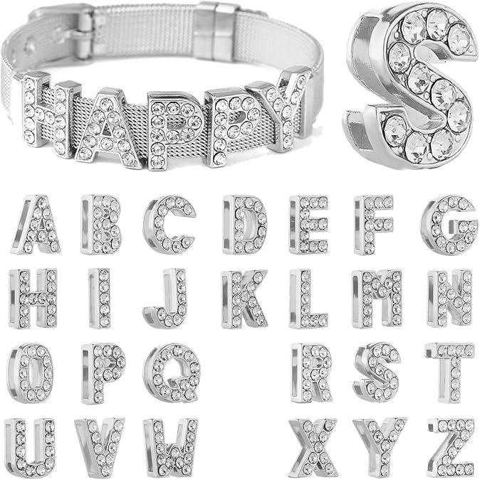 stino Rhinestone Letter Charms Set for Junk Cases, 52 Pieces, Slide Alphabet Beads for Phone Cases, Bracelets, DIY Jewelry Making, Silver