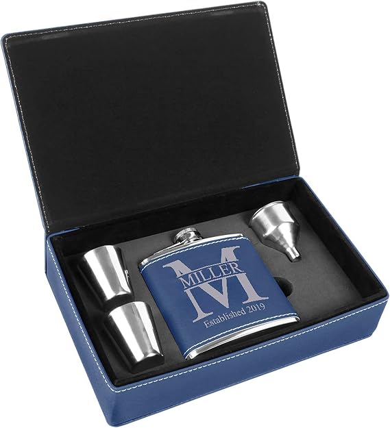 Personalized Leatherette Flask Gift Set | Custom Engraved (Blue)