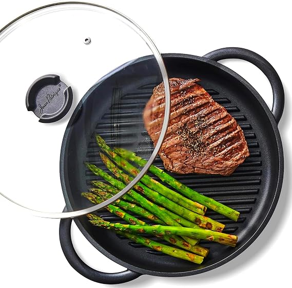 Jean-Patrique Whatever Pan – Lightweight Cast Aluminum Griddle with Glass Lid, Non-Stick, 10.6in/27cm, Works on Gas, Electric, Induction & Oven – Versatile Stove-Top Grill Skillet