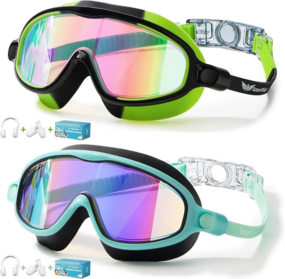 2 Pack Swim Goggles for Kids, No Leak Anti-Fog Anti-UV Swimming Goggles for Boys Girls Children 4-14