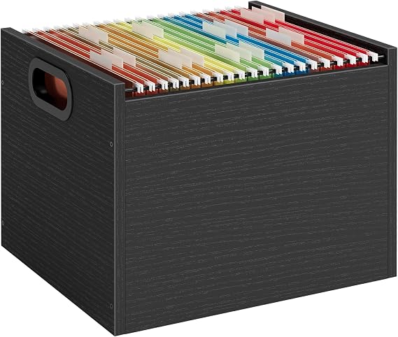ROSONG Black Wood File Organizer Box - Filing Bin for Letter & A4 Size Wood Decorative Hanging File Folders Storage Crate with Handle, Sturdy Home Office Filing Cabinet System