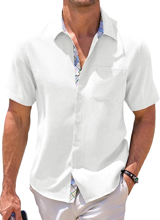 JMIERR Men's Fashion Casual Linen Short Sleeve Shirts Cotton Slim Fit Button-Down Beach Summer Dress Shirts, L, White, Large