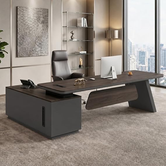 L-Shaped Executive Desk with Lockable Drawers, Modern Large Executive Office Desk with Reversible Cabinet, Built-In Cable Box, Privacy Panel Storage Shelves