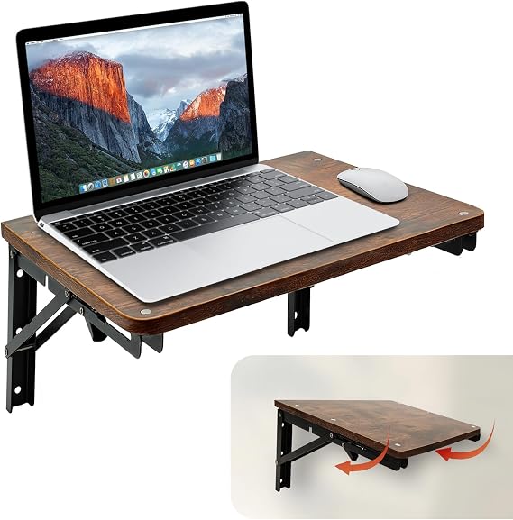 Folding Shelf Wall Mounted for Small Space, Rustic Wooden Wall Table for Living Room Bedroom Decor, Home Office Floating Fold Down Desk, Media Shelves with Heavy-Duty Brackets Holds Up to 55lbs