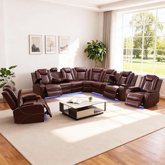 Leather Power Recliner Sectional Sofa Set with LED Light,L Shaped Leather Couch Set with Chair*2,Modular Corner Sofa with USB Ports for Living Room Furniture(Red, Sectional+Chair*2)