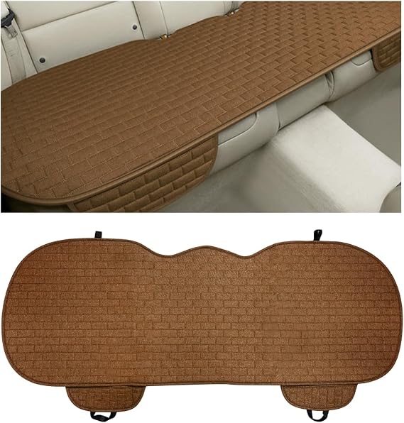 Car Seat Cover for Rear Seats, Comfortable Linen Seats Cushion Pad Mat with Storage Pockets, Anti-Slip Breathable Bottom Long Rear Seat Cover Protector for SUV Truck Van (Brown)