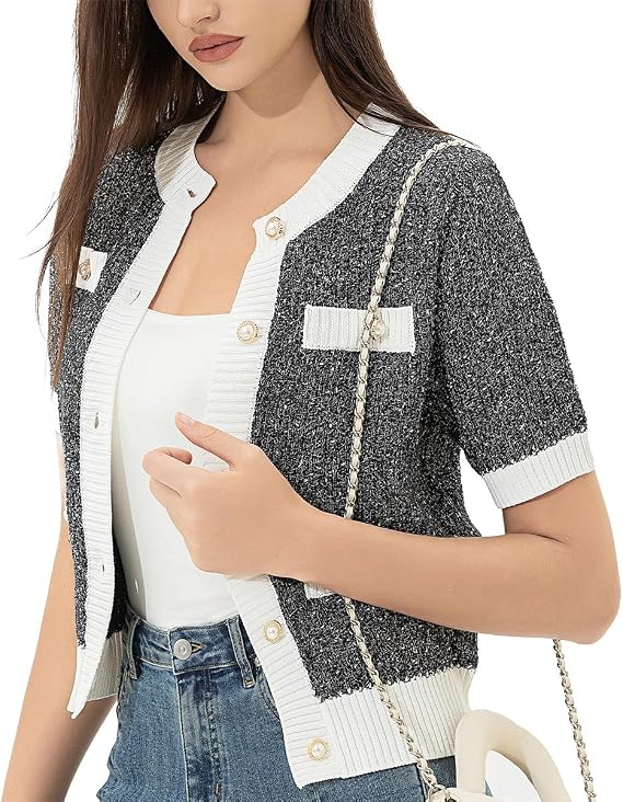 URBAN REVIVO Womens Short Sleeve Cardigans Tops Summer Button Up Work Cropped Sweater Shirts 2025 Black, XX-Large