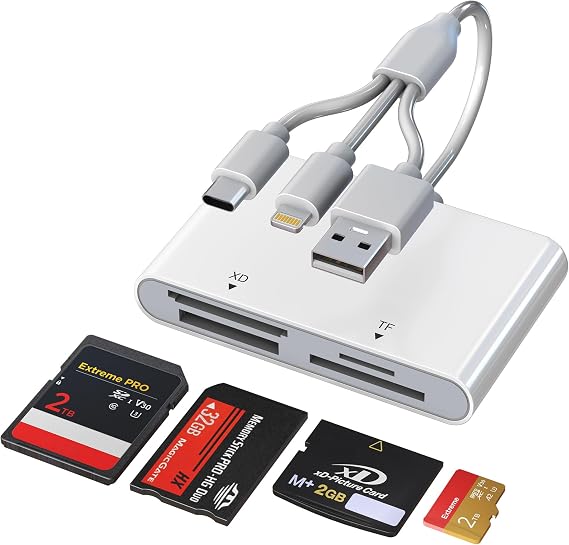 OTG Memory Stick Pro Duo Adapter, 4-in-1 USB C/Lightning/USB-A to SD/TF/XD/MS Card Reader for Sony Lexar Sandisk, Plug & Play Digital Camera Card Reader for iPhone 14/15/16/17/Android/Mac/PC/Pad