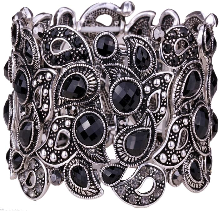 YACQ Women's Flower Stretch Cuff Bracelet fit Wrist Size 6-1/2 to 7-1/2 Inch - Comfortable Elastic Band & Floral Pattern Crystal Jewelry - Lead & Nickle Free - Halloween Costume Outfit