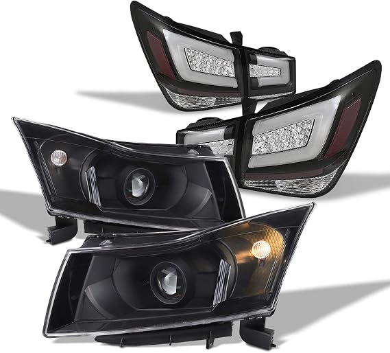 AKKON - For 11-15 Chevy Cruze J300 Black Projector Headlight + Black Bezel LED Light Tube LED Tail Light