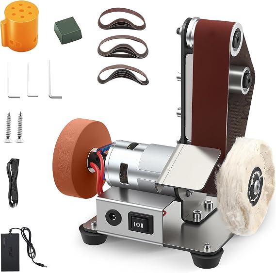 Electric Belt Sander, Mini Belt Polisher, 7-Speed Adjustable, Equipped with 20 Sanding Belts and 2 Polishing Wheels, for Wood and Metal Processing, UK 3-Pin Plug (A01)