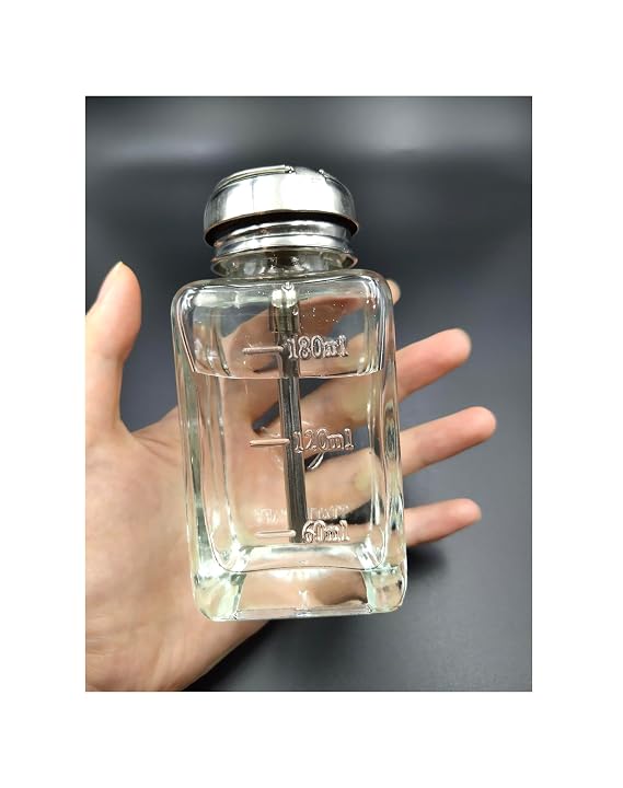 6 Oz/ 180ml Empty Glass Pump Dispenser Bottle, Square Refillable Push Down Pump Dispenser Alcohol Makeup Nail Polish Remover Bottles with Cap, 1 Pack