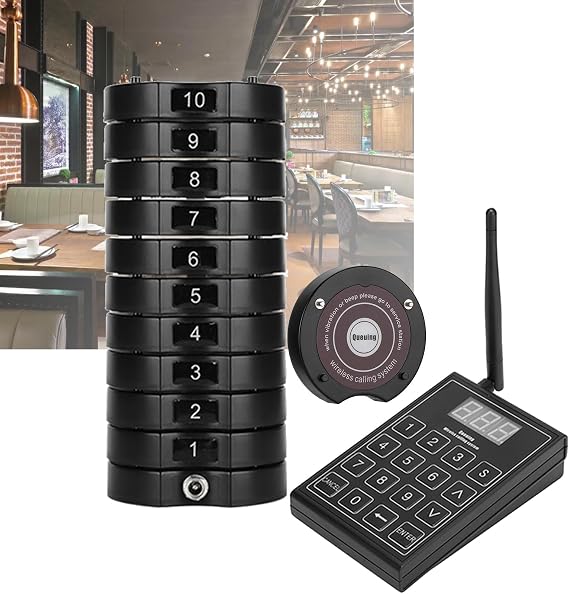 Restaurant Buzzer System, 1 Keypad Transmitter + 10 Coaster Pagers, Wireless Calling System/1km Connection Distance, 999 Call Buttons, Suitable for Restaurants, Churches,1drag10