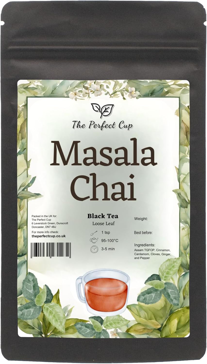 Masala Chai Loose Leaf Black Tea 100g Chai Latte Spiced Tea Bold Warming Rich Sweet Spicy Invigorating Tasty Aromatic Characteristic Exotic Unique, Close in Dark Resealable Pouch for Freshness
