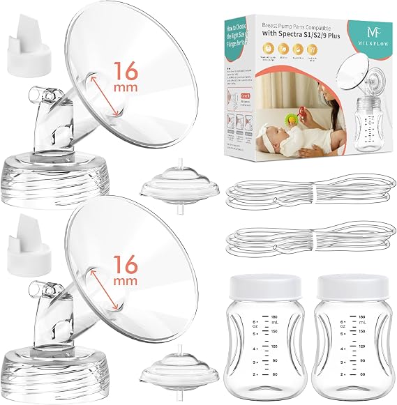 Breast Pump Parts Compatible with Spectra S1,S2,S9 Plus, Replacement Kit for Spectra Pump Parts 2PCS Include 16 mm Flange, Duckbill Valve, Tube,Bottle, Backflow Protector, Not Original Accessories