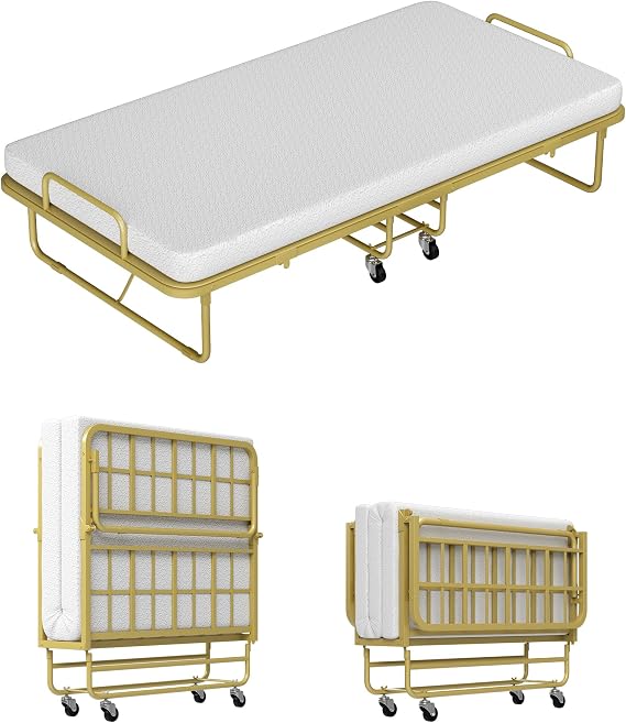 Ferlizer Twin Folding Bed with Mattress 38" Comfort Guest Cot, Gold | Heavy-duty steel frame, 7" wider than standard for adult comfort, mattress included, tri-fold design, quick & easy assembly