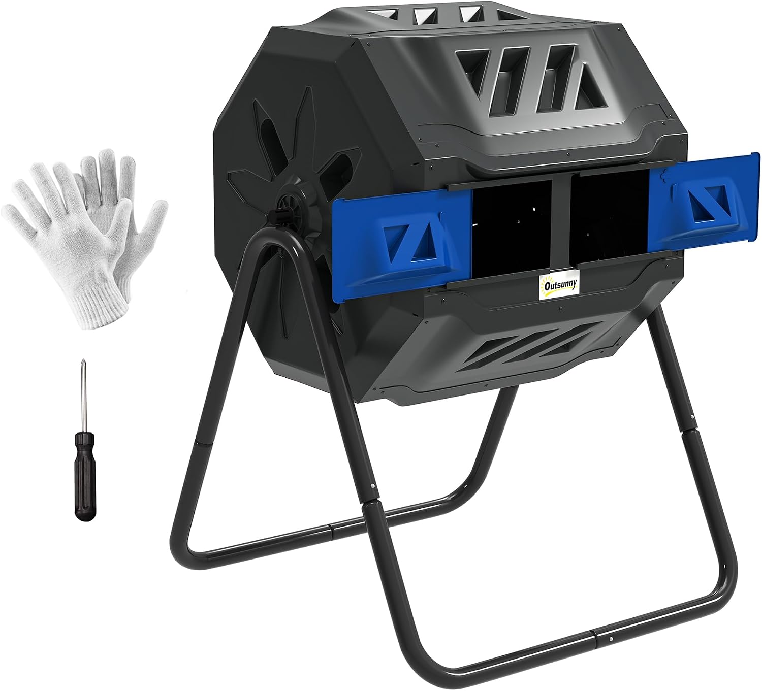 Outsunny 160L Tumbling Compost Bin Outdoor Dual Chamber 360° Rotating Composter, Garden Compost Bin w/Sliding Doors & Solid Steel Frame, Blue