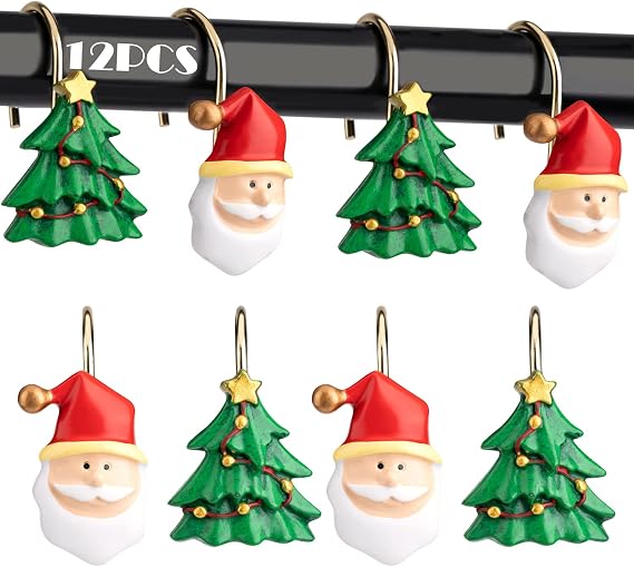 Christmas Shower Curtain Hooks Rust Proof Shower Curtain Rings Metal Decorative Bath Curtain Hooks Shower Curtain Rod Rings for Bathroom Rust Resistant Set of 12: 6 Santa Claus & 6 Christmas Tree