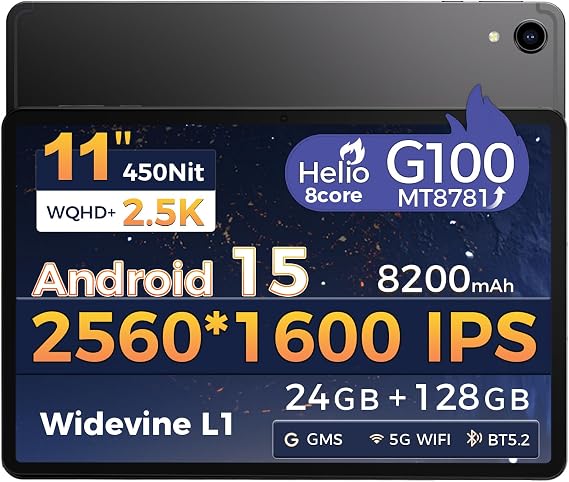 Tablet 11 inch Android 15 Mediatek Helio G100, 2560×1600 IPS 24GB RAM+128GB ROM (TF 1TB), 5G WIFI|8200 mAh|Widevine L1|5MP+16MPCamera|6-Axis Gyroscope