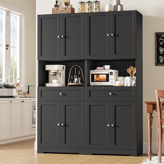 Set of 2 Tall Kitchen Pantry Storage Cabinet with Doors and Shelves, Black
