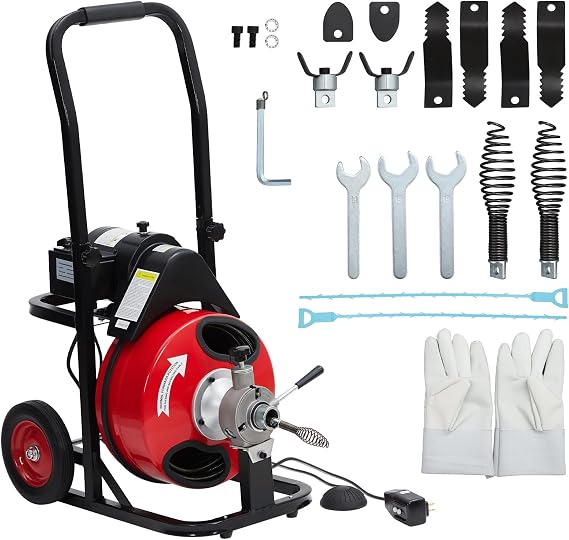Drain Cleaner Machine 100FT x 1/2 Inch, 370W Motor, Auto Feed Sewer Snake Auger, Portable Drain Cleaning Machine with 8 Cutters & Air-activated Foot Switch for 1" to 4" Pipes