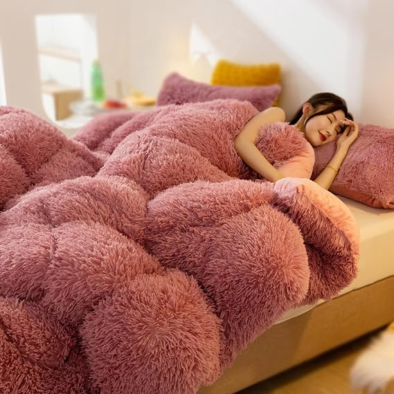 AETVRNI Luxury Plush Shaggy Thick Faux Fur Comforter, Big Heavy Warm Comforter for Winter, Ultra Soft Thick Blanket All Season Fluffy Bedding 1 Piece,Mauve,Queen