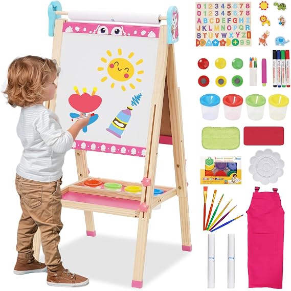 Kids Wooden Easel Double Sided Art Easel with 100+ Pcs Accessories Whiteboard Chalkboard Height Adjustable 95-125cm(37-48.5in) Standing Foldable Drawing Board with Letters Numbers for Toddlers Kids