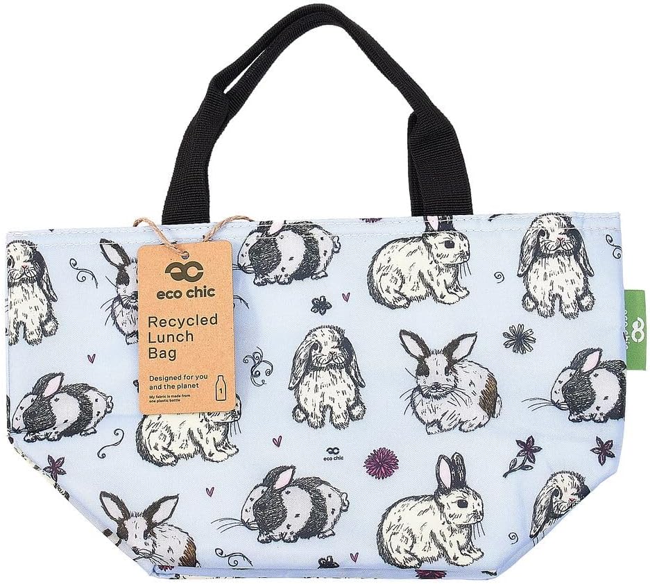 ECO CHIC Lightweight Foldable Lunch Bag | Water Resistant Insulated Cooler Bag for WorkPicnicsHikingCamping BBQs | Made from Recycled Plastic Bottles Bunny Baby Blue