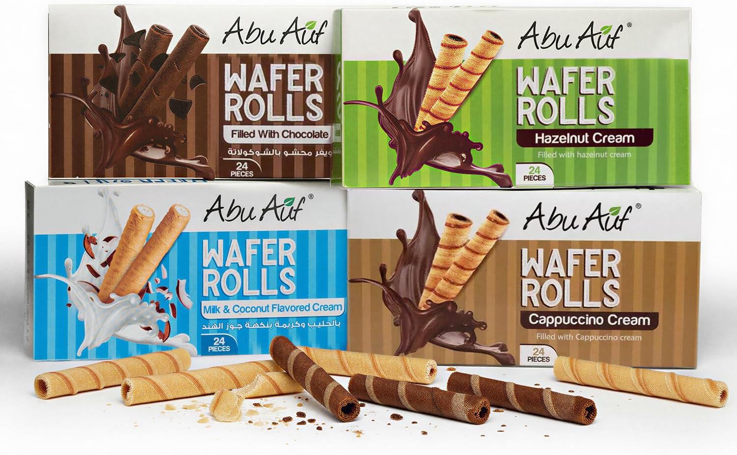 Abu Auf Wafer Rolls Bundle Pack - Mixed Flavours Milk & Chocolate, Hazelnut, Chocolate and Cappuccino, Crispy Wafer Snacks - 24 Pieces per Pack, Total 4 Packs, Ideal for Sharing