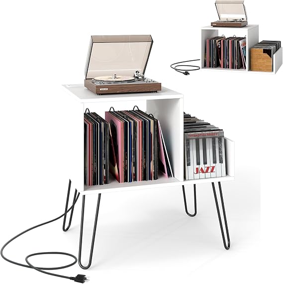 CASART Record Player Stand, Turntable Stand with Charging Station, Removable Dividers & Metal Legs, Vinyl Record Storage Cabinet Holds up to 145 Albums End Table for Living Room Bedroom (White)