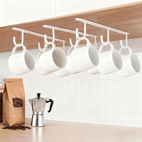 Under Cabinet Mug Holder,Under Shelf Mug Hooks,Coffee Cup Holder,Hanging Mug Storage Rack(3 Pieces,White)