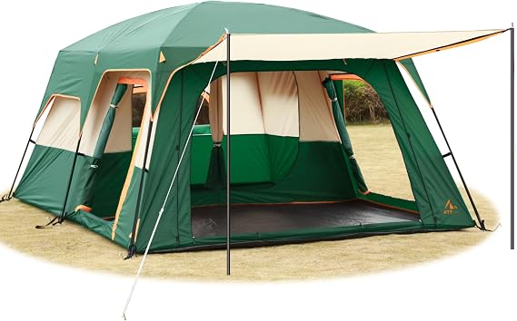 KTT Extra Large Tent 12-14 Person,Family Cabin Tents,2 Rooms,Straight Wall,2 Doors 4 Windows with Mesh,Waterproof,Double Layer,Big Tent for Outdoor,Picnic,Camping,Family Gathering.