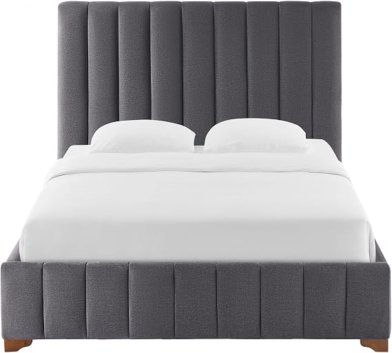 Tall Headboard Bed Frame - Upholstered Bed Frame with Vertical Stitching Design and Wingback Design, Bedframe with Wooden Slat Support, No Box Spring Needed (Dark Gray, Twin)