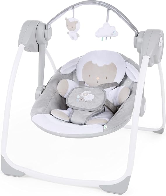 Ingenuity Comfort 2 Go Compact Portable 6-Speed Cushioned Baby Swing with Music, Folds Easy, 0-9 Months 6-20 lbs (Cuddle Lamb)