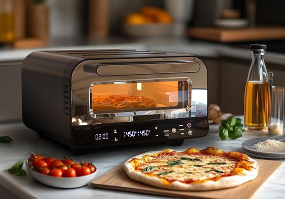 Electric pizza oven 1850 W 450 °C pizza oven with 60 minute timer and 6 presets for pizza up to 12 inches including pizza stone and shovel