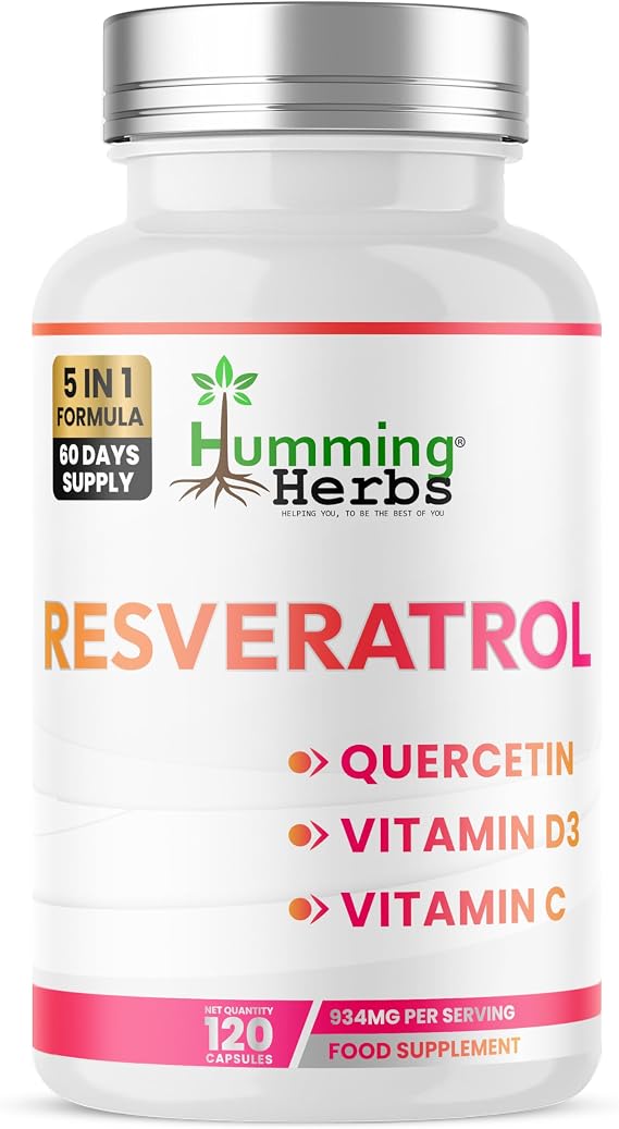 Humming Herbs Resveratrol with Quercetin, Vitamin C, Zinc & Vitamin D3-120 Vegan Capsules