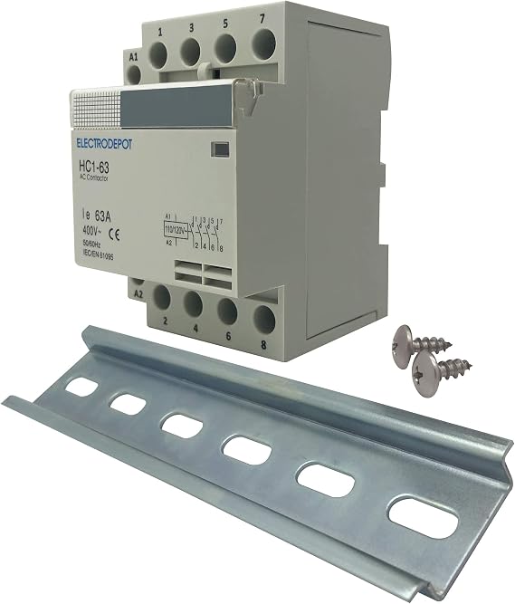 Electrodepot 60 Amp 4 Pole Normally Open Contactor, 110-120V Coil, Motor Load 40A, Lighting 63A Bundle with Slotted Steel Zinc Plated DIN Rail, 35 mm x 6 in 1 Piece with 2#10 Screws