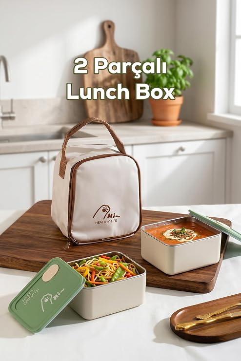 Porsima BL25229 Isı Yalıtımlı Çanta Paslanmaz Çelik 2 Parça Vakumlu Yemek Termosu Beslenme Kutusu Taşınabilir Lunch Box Sefer Tası