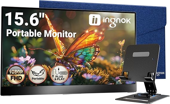 Ingnok Portable Monitor for Laptop,15.6 Inch USB C Screen Extender | FHD 1080P with Adjustable Stand,USB C Mini HDMI Port for Mac,mini PC,Built-in Speakers ,Easy to Set up,VESA