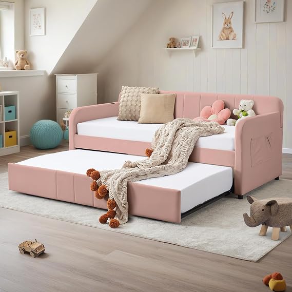Twin Daybed with Pop Up Trundle, Upholstered Tufted Velvet Twin to King Size Daybed Frame with Armrests & USB Charging Ports for Bedroom, Guest Room, Living Room, No Box Spring Needed, Pink