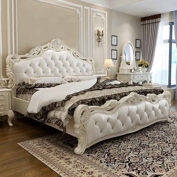 LAKIQ Victorian Upholstered Headboard Queen Size Bed Wood Bed with Footboard Full Size King Size Platform Woodern Bed Frame - Without Mattress (Panel Style, 71 Wx 79L)