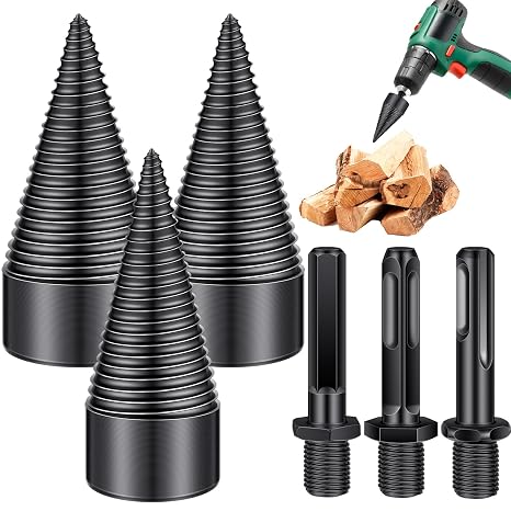 Gisafai 6 Pcs Firewood Log Splitter Drill Bit Wood, Screw Cones Kindling Heavy Duty Wood Splitting Drill Bits for Hand Stick Hex, Round, Square 32 mm, 42 mm, 50 mm